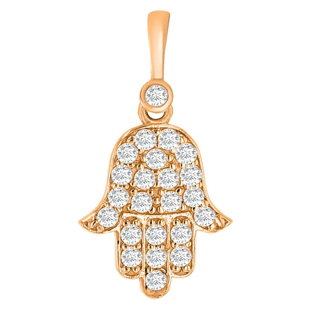 14k Rose Gold Cubic Zirconia Mini Hamsa Hand of Fatima Charm Pendant Necklace