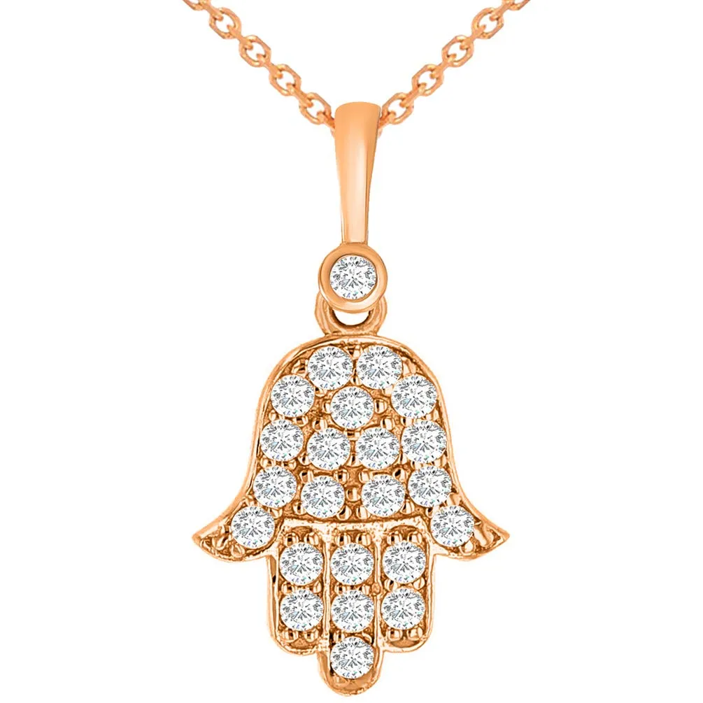 14k Rose Gold Cubic Zirconia Mini Hamsa Hand of Fatima Charm Pendant Necklace