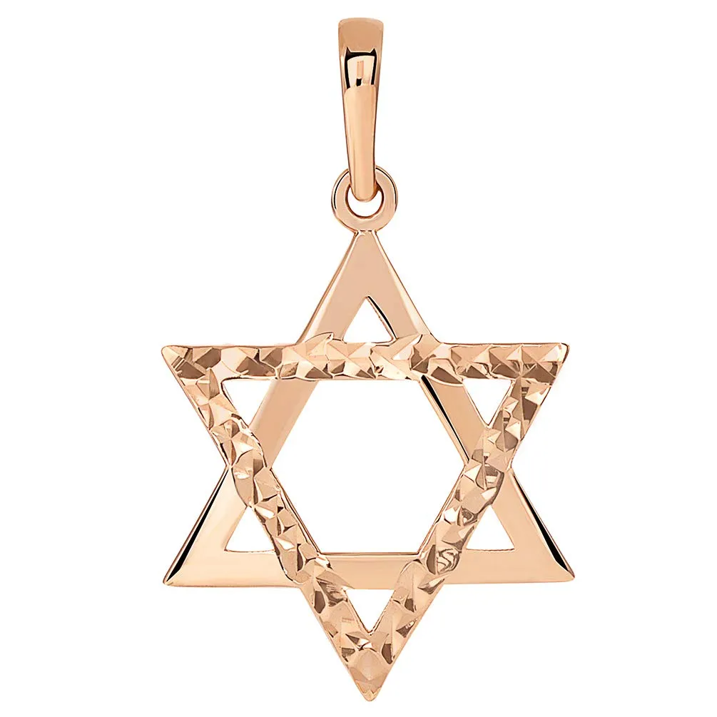 14k Rose Gold High Polished and Sparkle Cut Hebrew Star of David Pendant Necklace