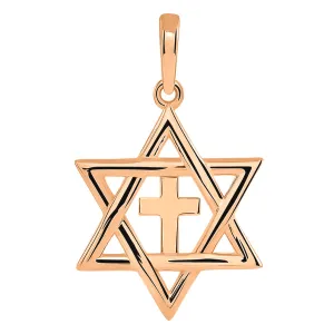 14k Rose Gold Jewish Star of David with Religious Cross Judeo Christian Pendant (Small)