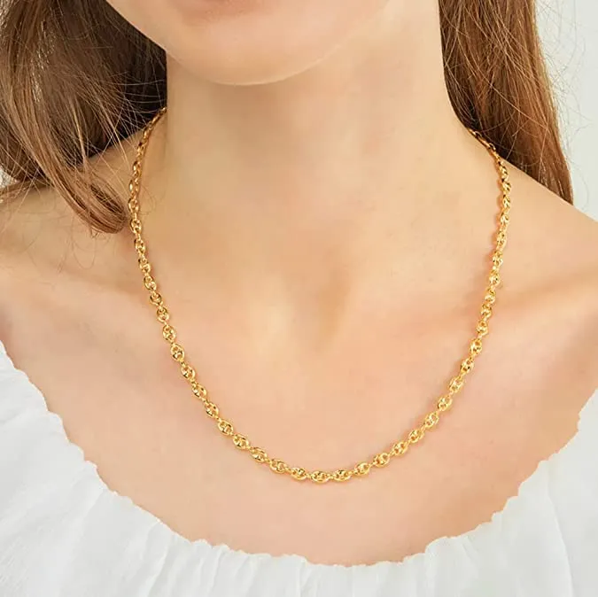 14k Solid Gold 5.5mm Puffed Mariner Anchor Chain Necklace with Lobster Lock