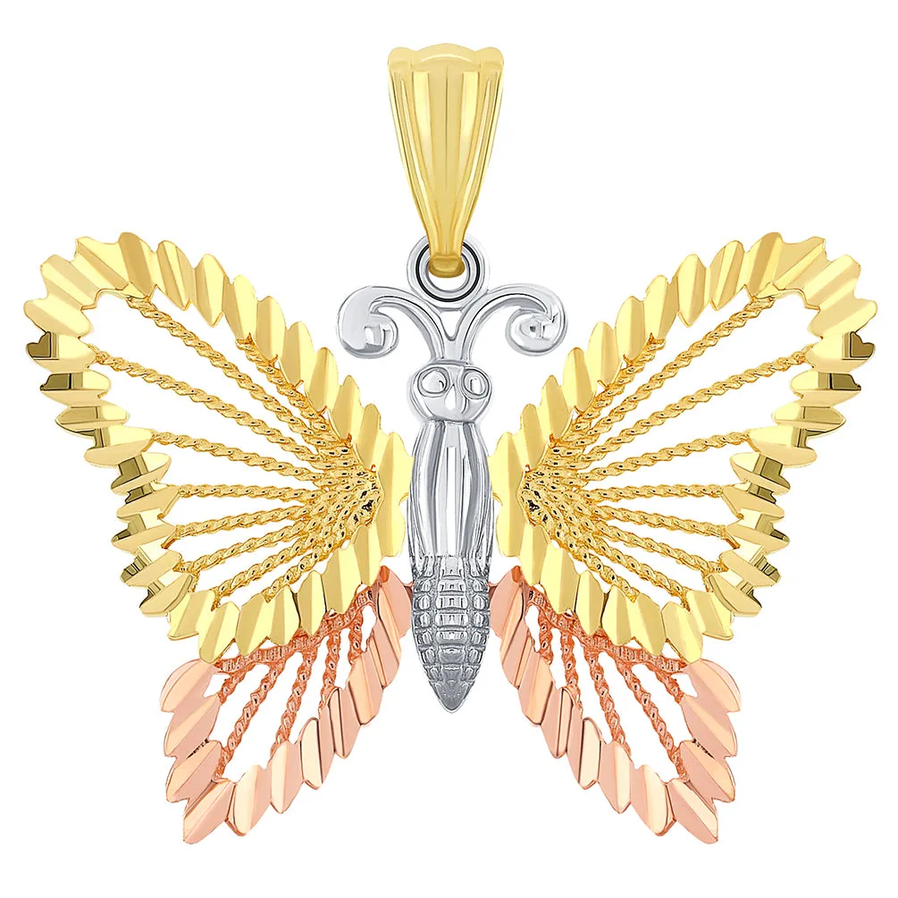 14k Solid Tri-Color Gold Textured Open Butterfly Pendant