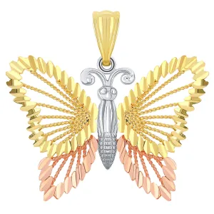 14k Solid Tri-Color Gold Textured Open Butterfly Pendant