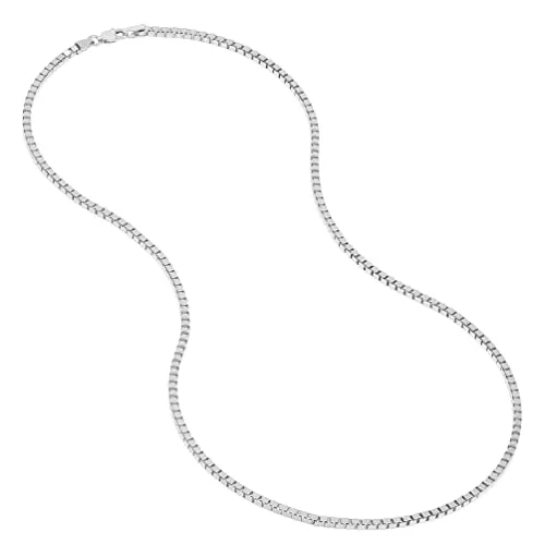 14k Solid White Gold High Polished 1.5mm Box Chain Necklace with Lobster Lock