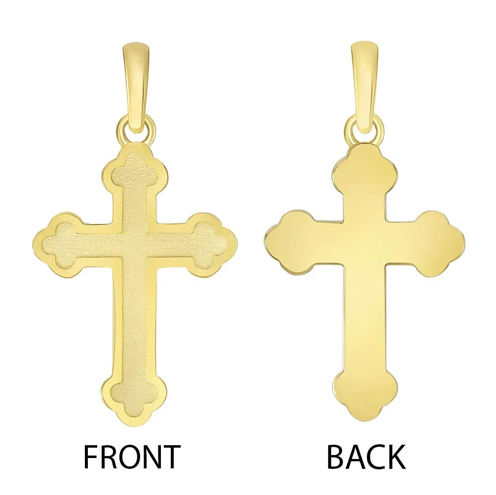 14k Solid Yellow Gold Eastern Orthodox Cross Pendant with Cable Rolo Chain Necklace