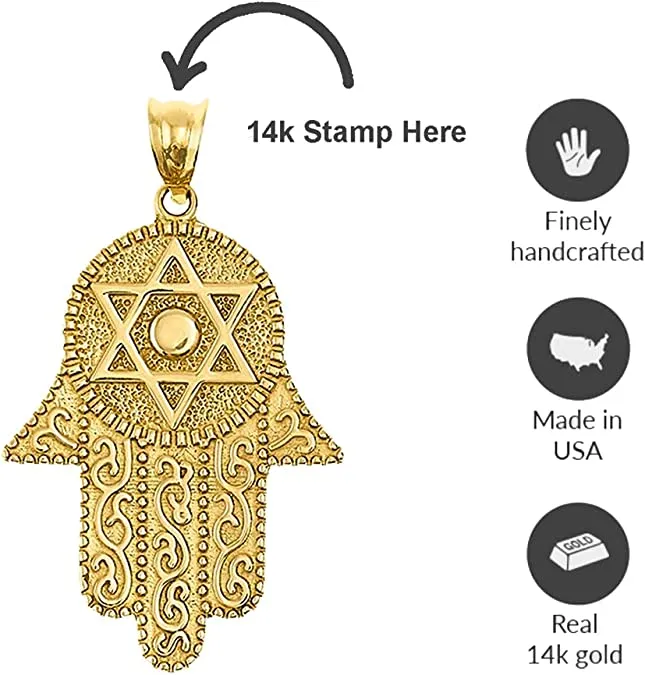 14k Solid Yellow Gold Hamsa Hand with Star of David Pendant Cuban Curb Chain Necklace