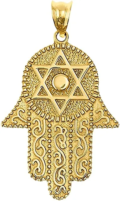 14k Solid Yellow Gold Hamsa Hand with Star of David Pendant Cuban Curb Chain Necklace