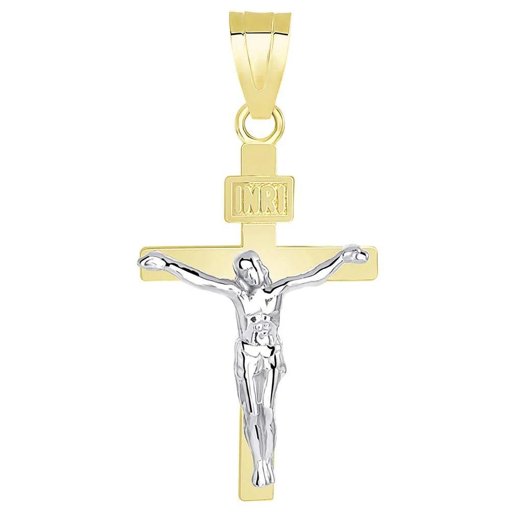 14k Two-Tone Gold Catholic Cross INRI Crucifix Charm Pendant Necklace