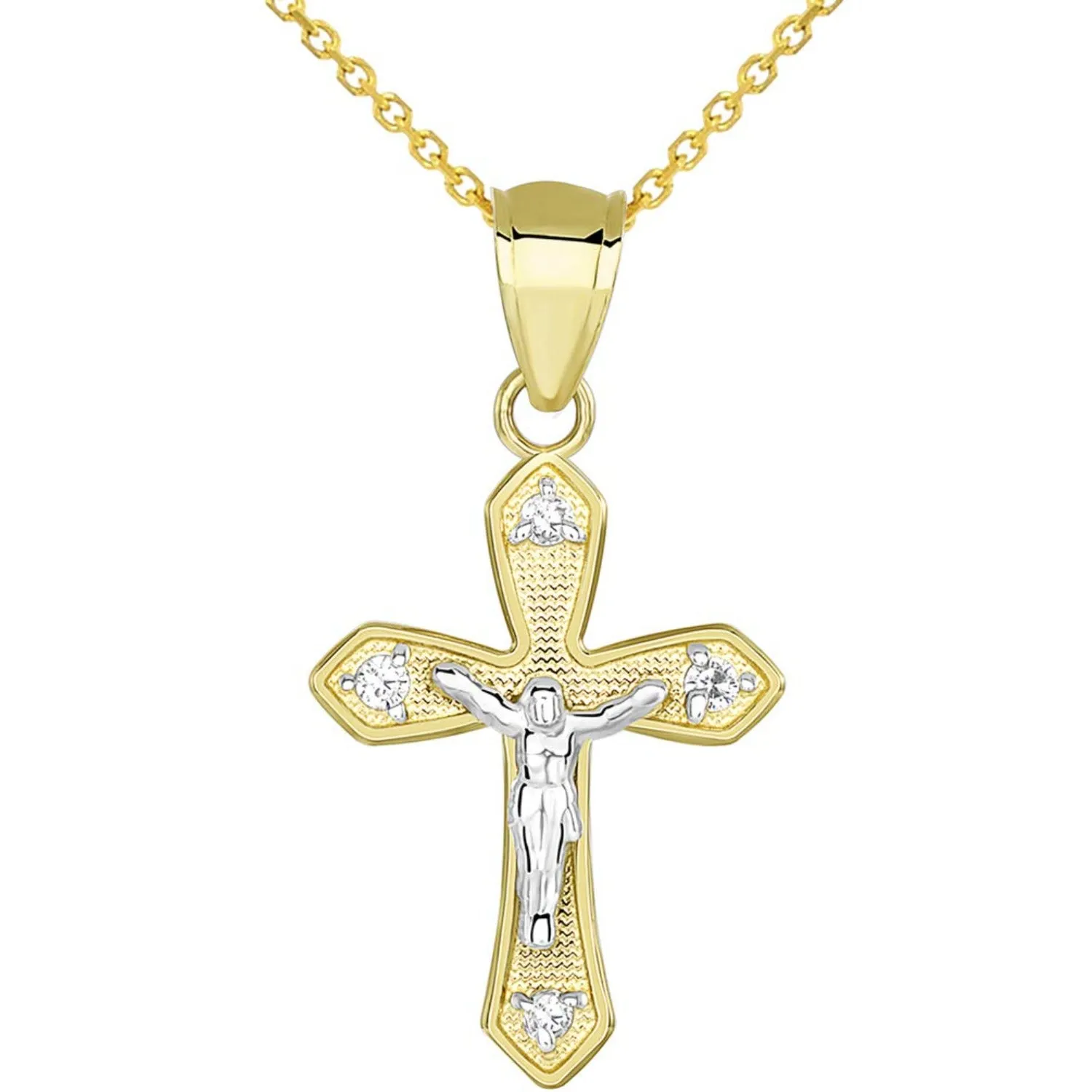 14k Two Tone Gold CZ Small Crucifix Religious Cross Charm Pendant Necklace