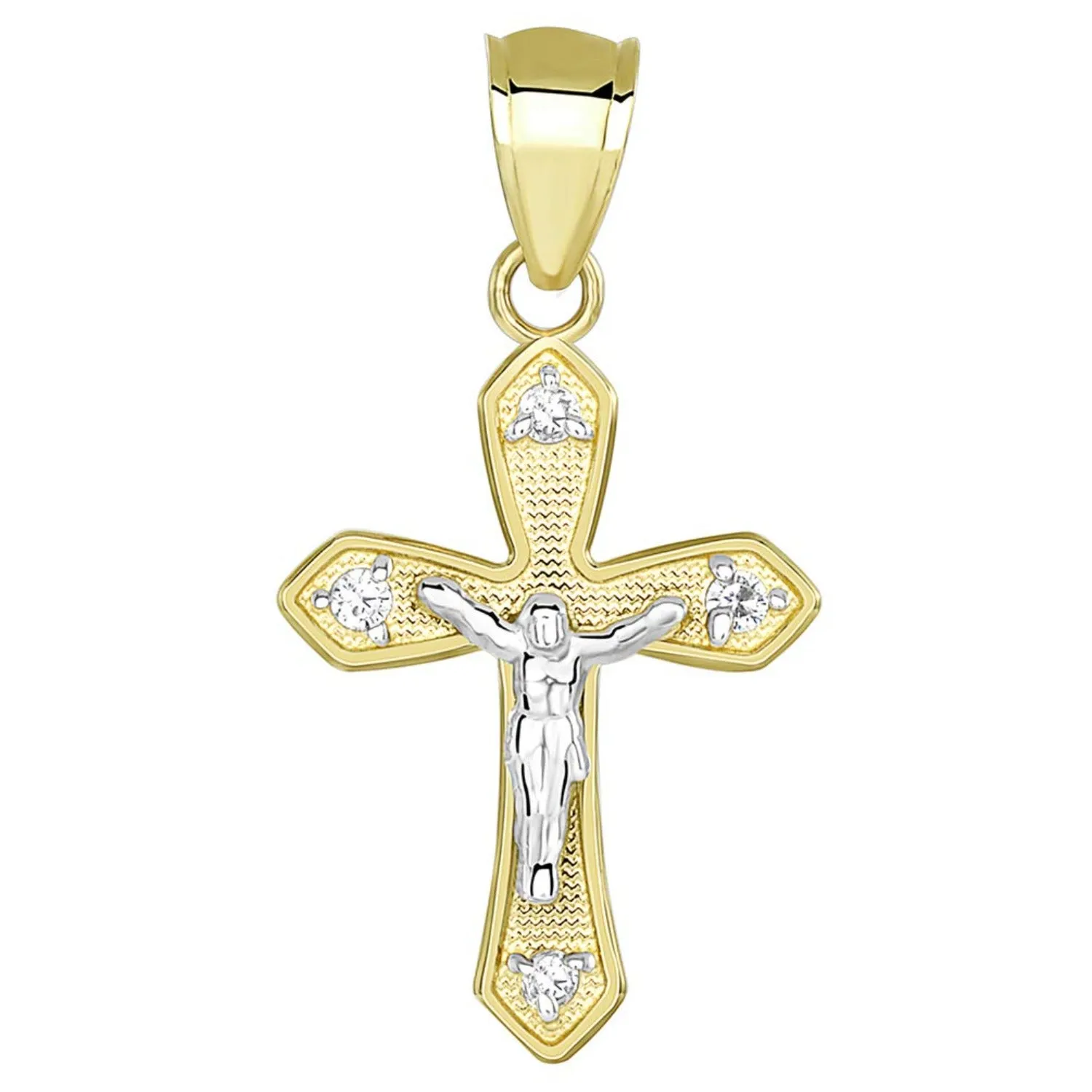 14k Two Tone Gold CZ Small Crucifix Religious Cross Charm Pendant Necklace