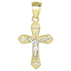 14k Two Tone Gold CZ Small Crucifix Religious Cross Charm Pendant