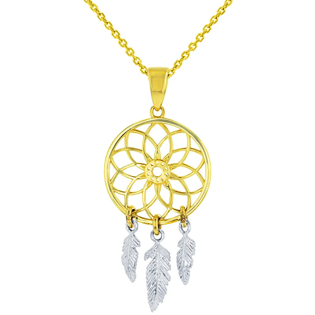 14k Two-Tone Gold Native American Dreamcatcher Charm Pendant Necklace