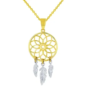 14k Two-Tone Gold Native American Dreamcatcher Charm Pendant Necklace