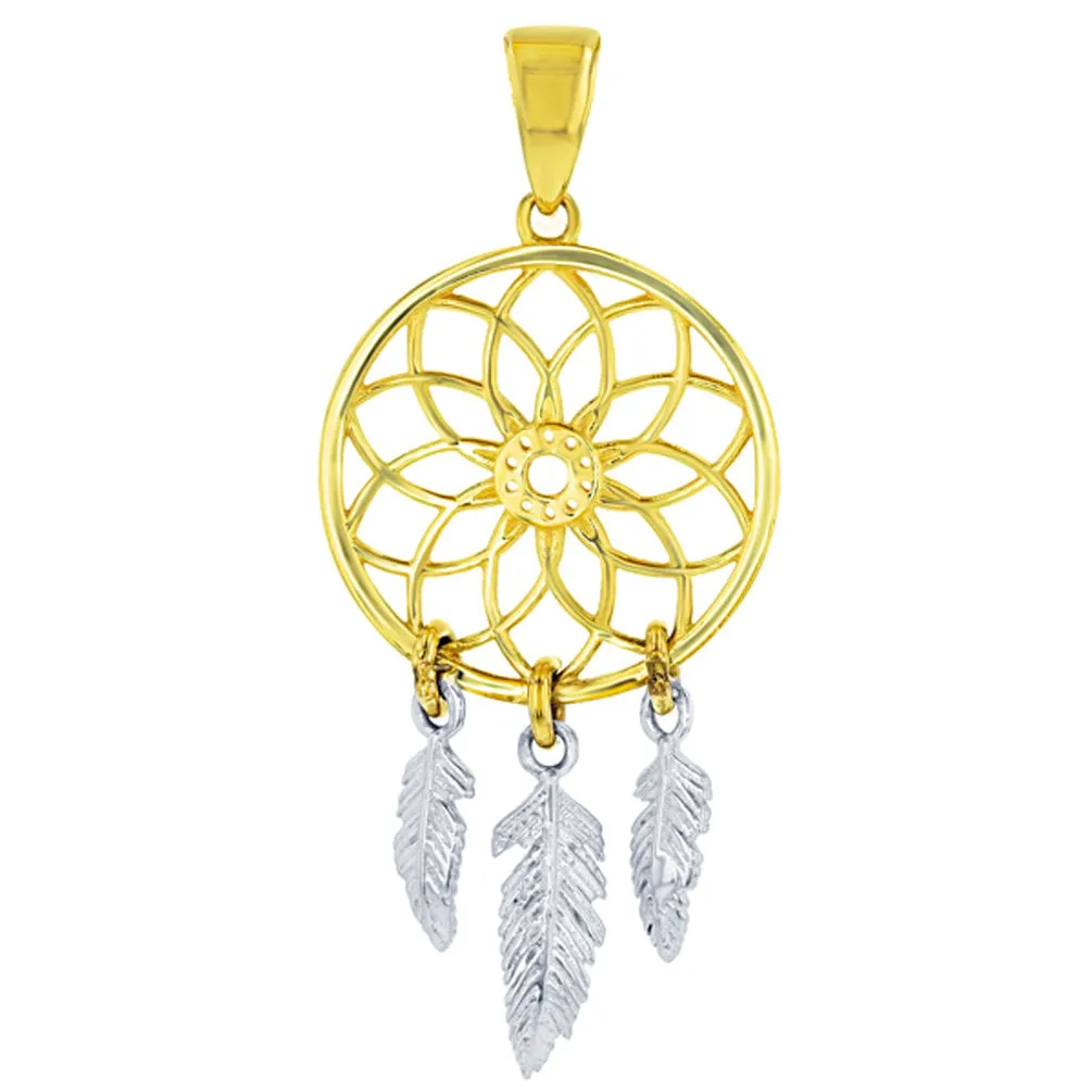 14k Two-Tone Gold Native American Dreamcatcher Charm Pendant Necklace