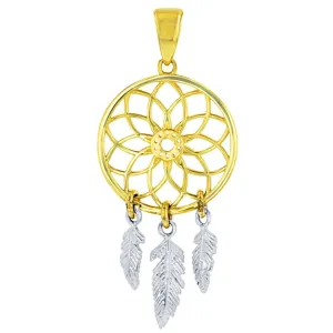 14k Two-Tone Gold Native American Dreamcatcher Charm Pendant