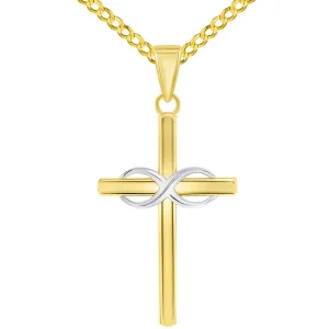 14k Two-Tone Gold Religious Plain Cross and Infinity Eternity Symbol Pendant Cuban Curb Chain Necklace