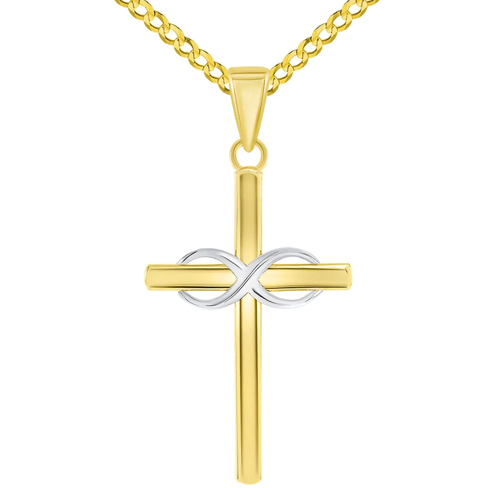 14k Two-Tone Gold Religious Plain Cross and Infinity Eternity Symbol Pendant Cuban Curb Chain Necklace