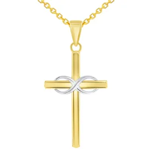 14k Two-Tone Gold Religious Plain Cross and Infinity Eternity Symbol Pendant Rolo Cable Necklace