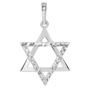 14k White Gold High Polished and Sparkle Cut Hebrew Star of David Pendant (25 x 15mm)