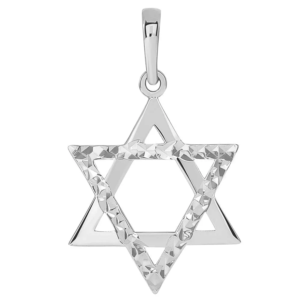 14k White Gold High Polished and Sparkle Cut Hebrew Star of David Pendant (25 x 15mm)