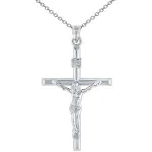 14K White Gold INRI Crucifix Tubular Simple Polished Cross Pendant Necklace