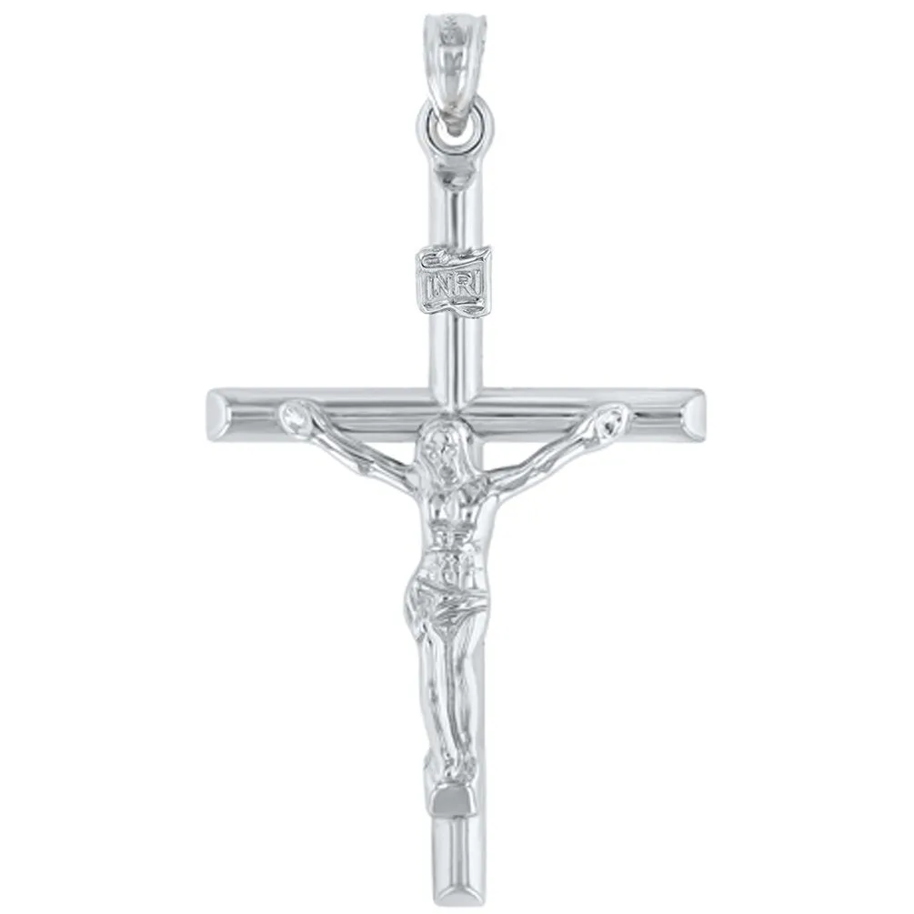 14K White Gold INRI Crucifix Tubular Simple Polished Cross Pendant Necklace