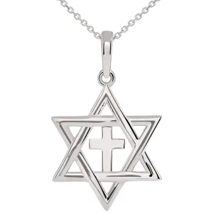 14k White Gold Jewish Star of David with Religious Judeo Christian Cross  Pendant Necklace