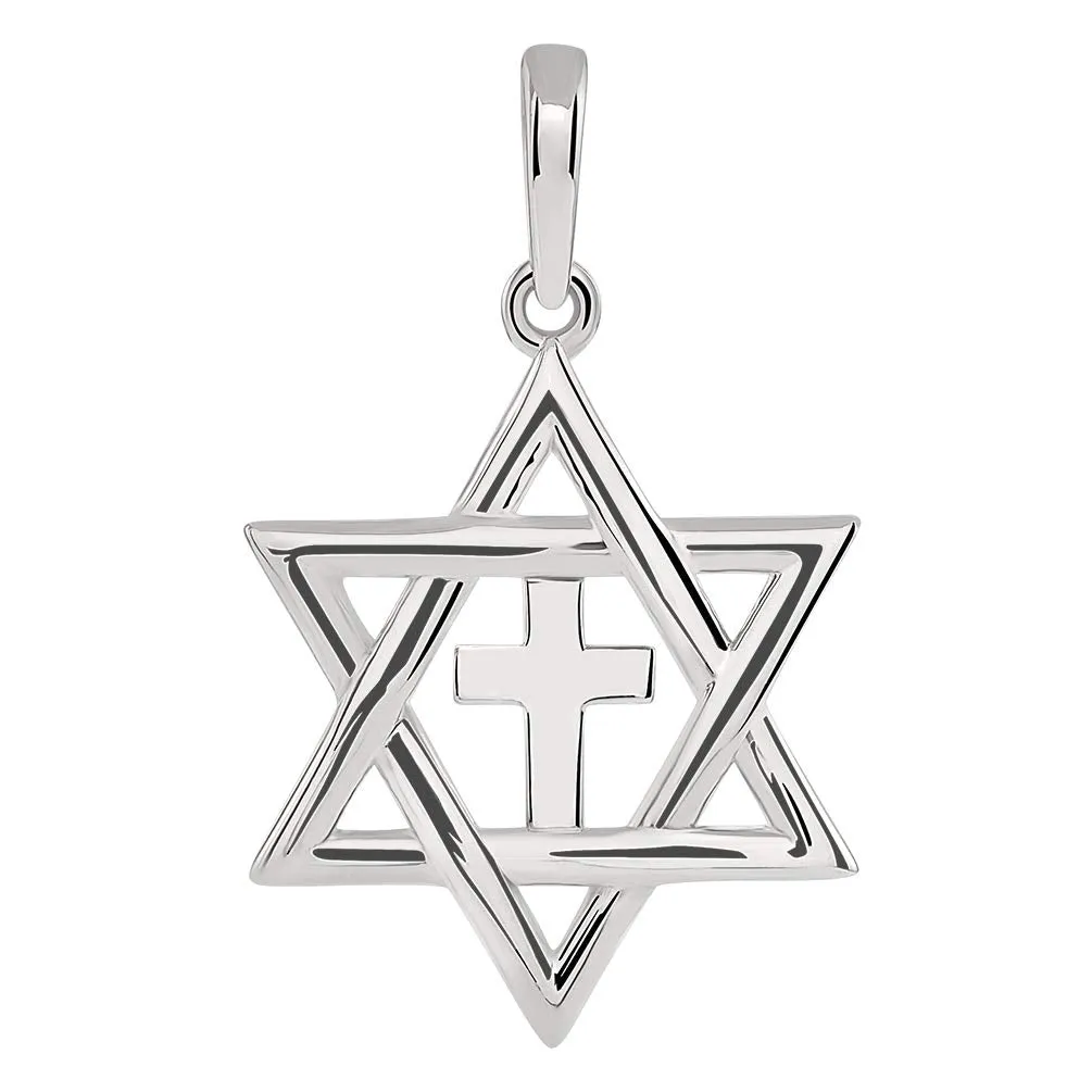 14k White Gold Jewish Star of David with Religious Judeo Christian Cross  Pendant Necklace