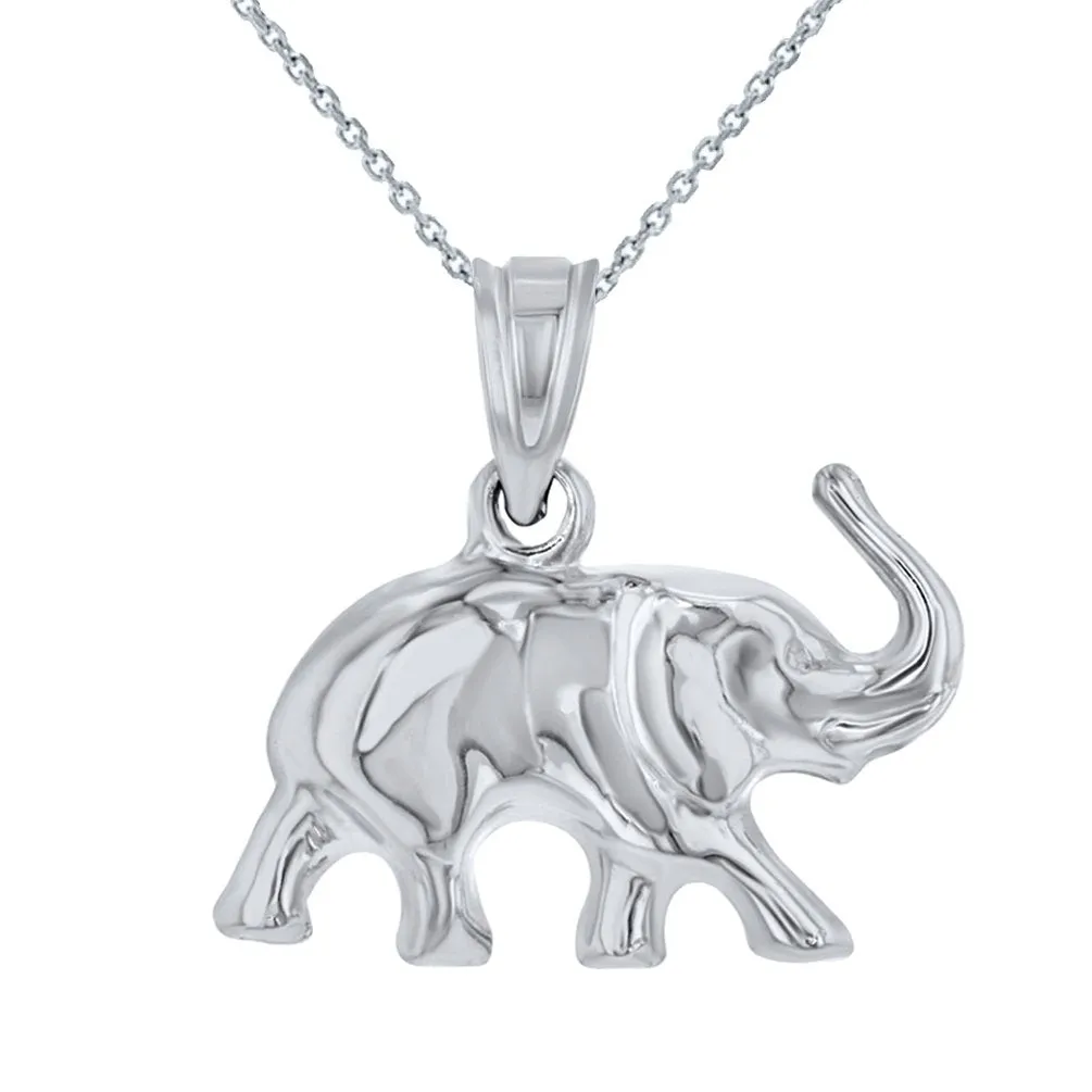 14K White Gold Polished Elephant Good Luck Animal Pendant Necklace