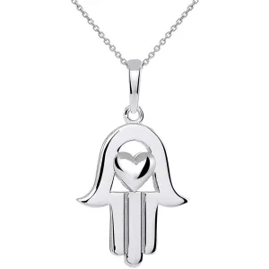 14k White Gold Polished Hamsa Hand of Fatima with Heart Pendant Necklace