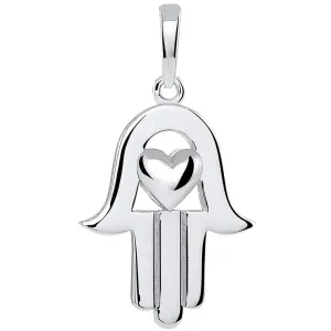 14k White Gold Polished Hamsa Hand of Fatima with Heart Pendant