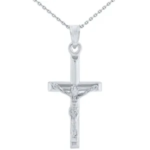 14K White Gold Polished Religious Cross Tubular Crucifix Pendant Necklace