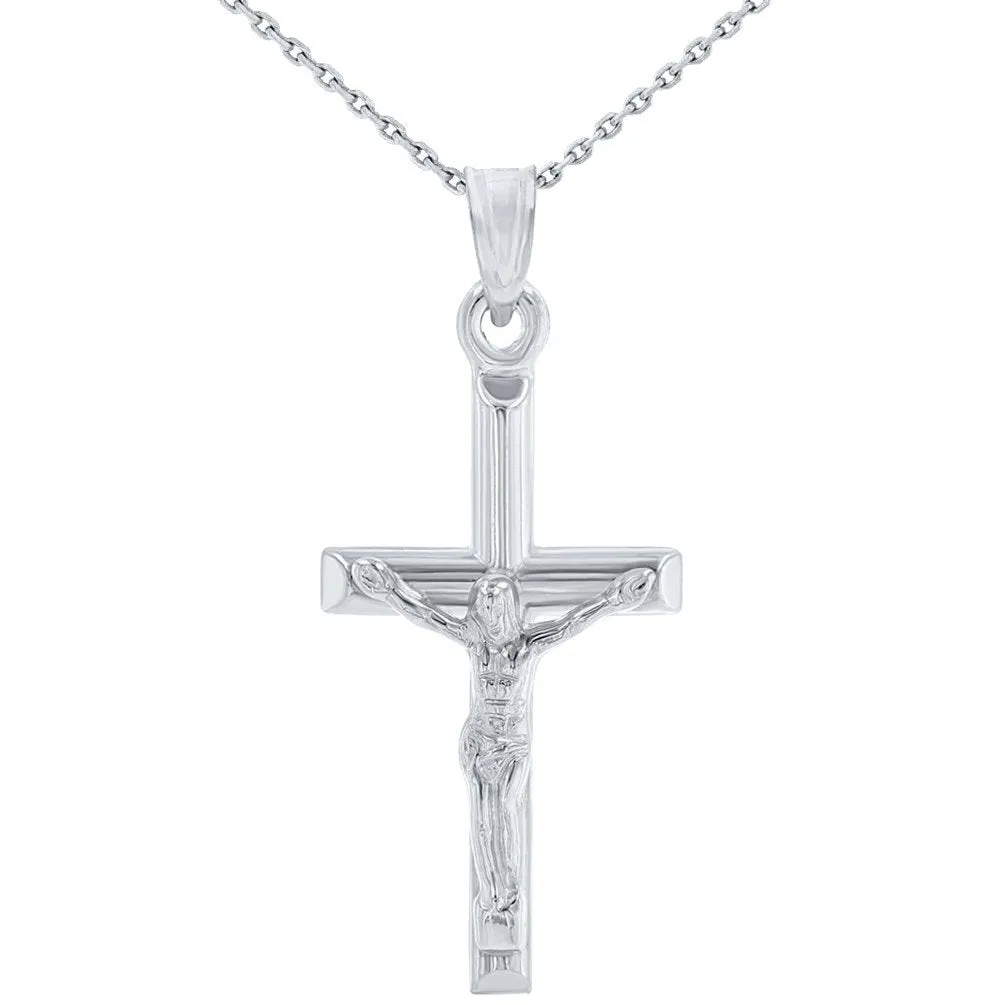 14K White Gold Polished Religious Cross Tubular Crucifix Pendant Necklace