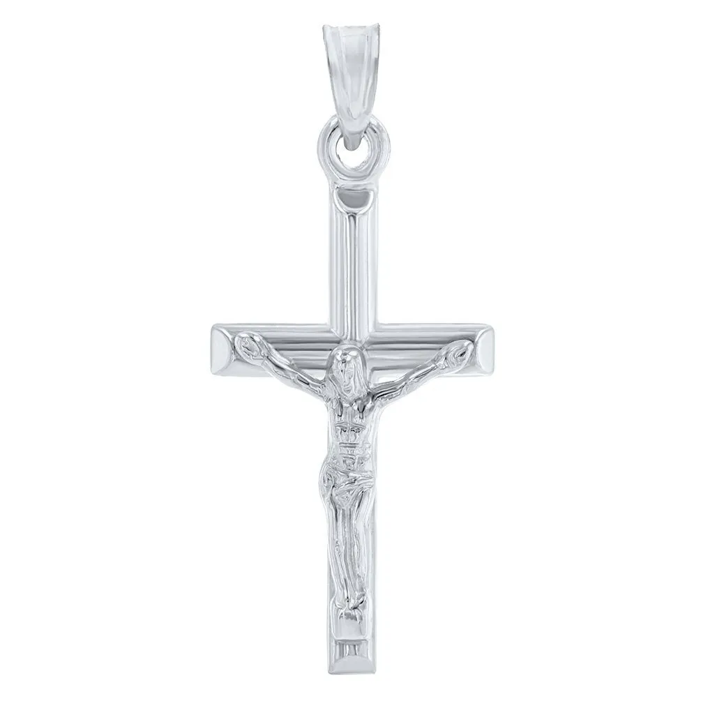 14K White Gold Polished Religious Cross Tubular Crucifix Pendant Necklace