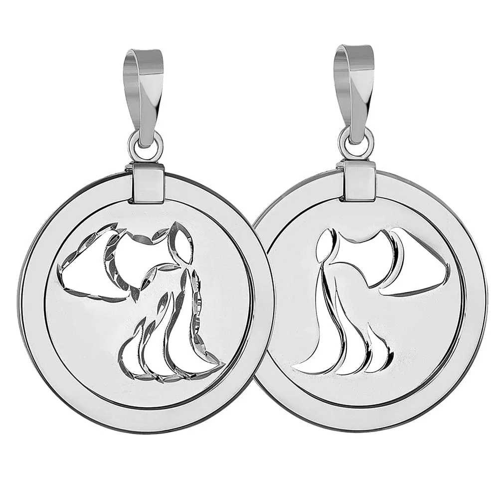 14k White Gold Round Aquarius Zodiac Sign Medallion Pendant Necklace (Reversible)