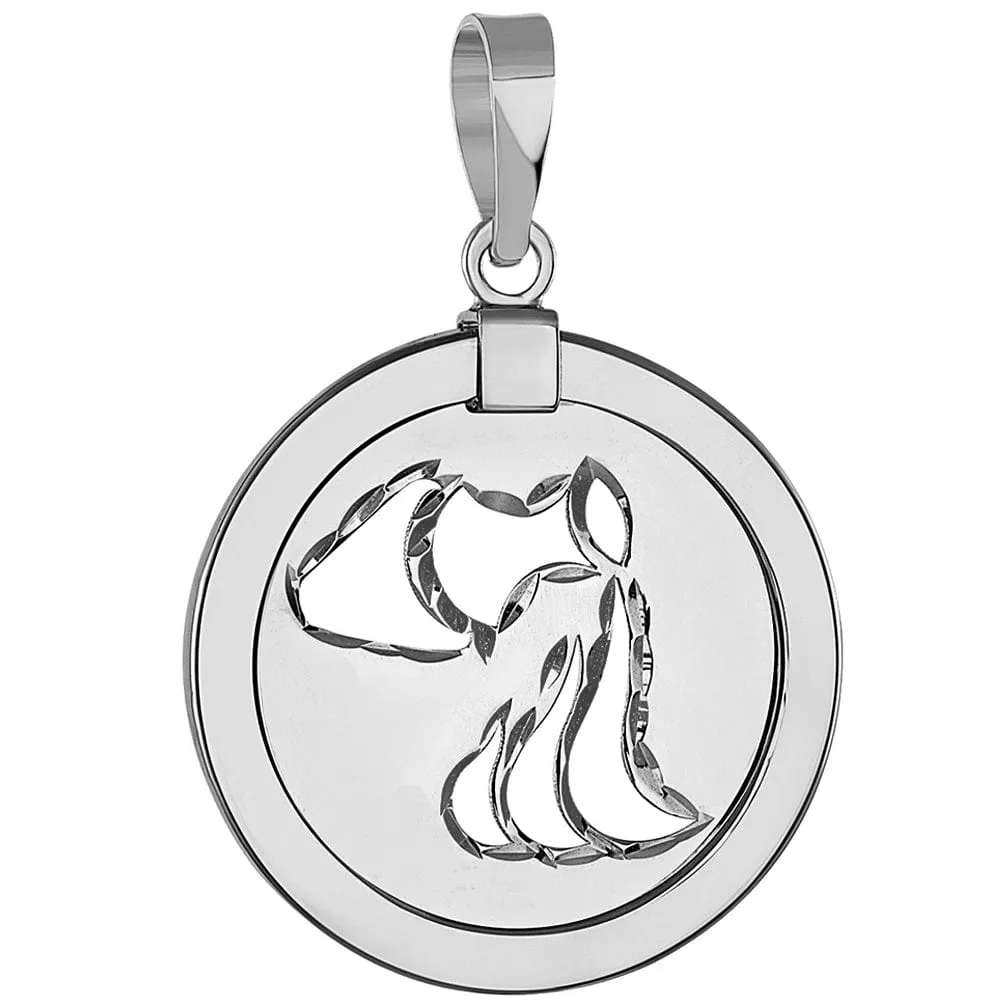 14k White Gold Round Aquarius Zodiac Sign Medallion Pendant Necklace (Reversible)