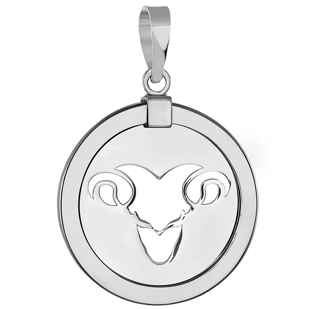 14k White Gold Round Aries Ram Zodiac Sign Animal Medallion Pendant Necklace (Reversible)