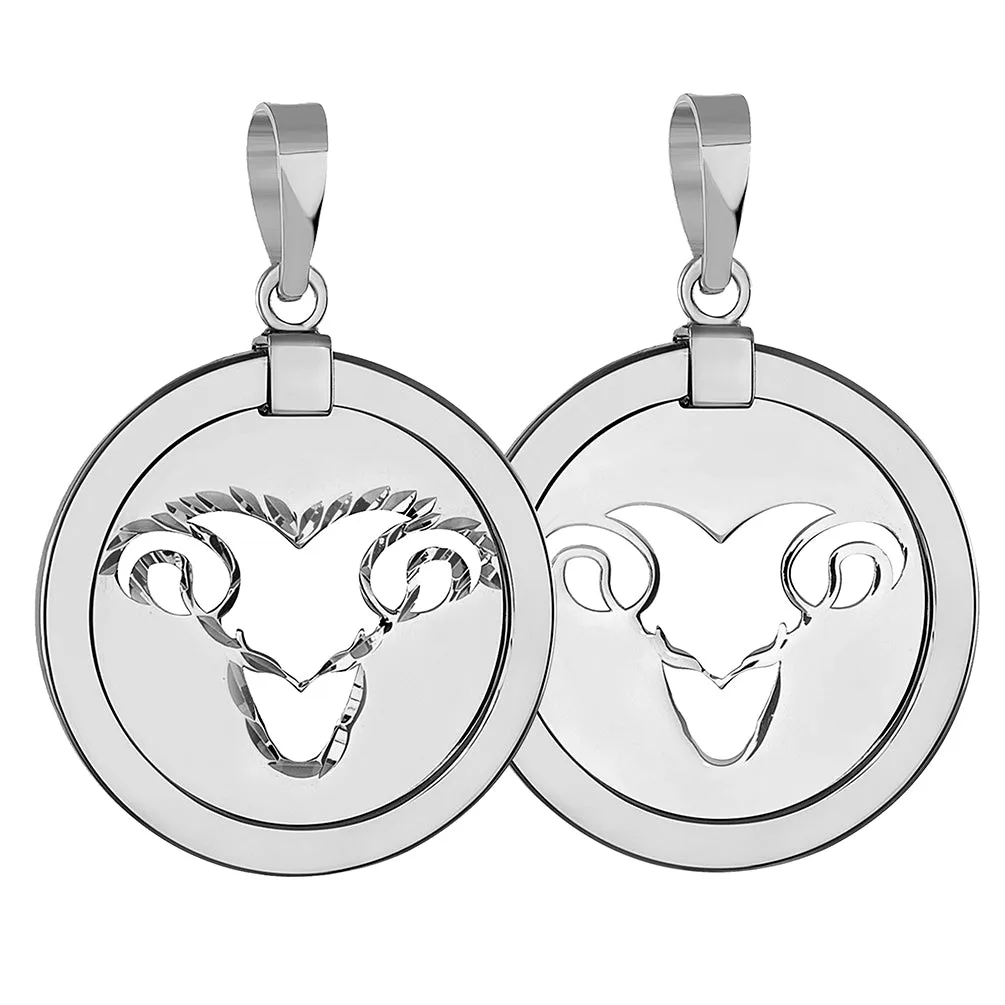 14k White Gold Round Aries Ram Zodiac Sign Animal Medallion Pendant Necklace (Reversible)