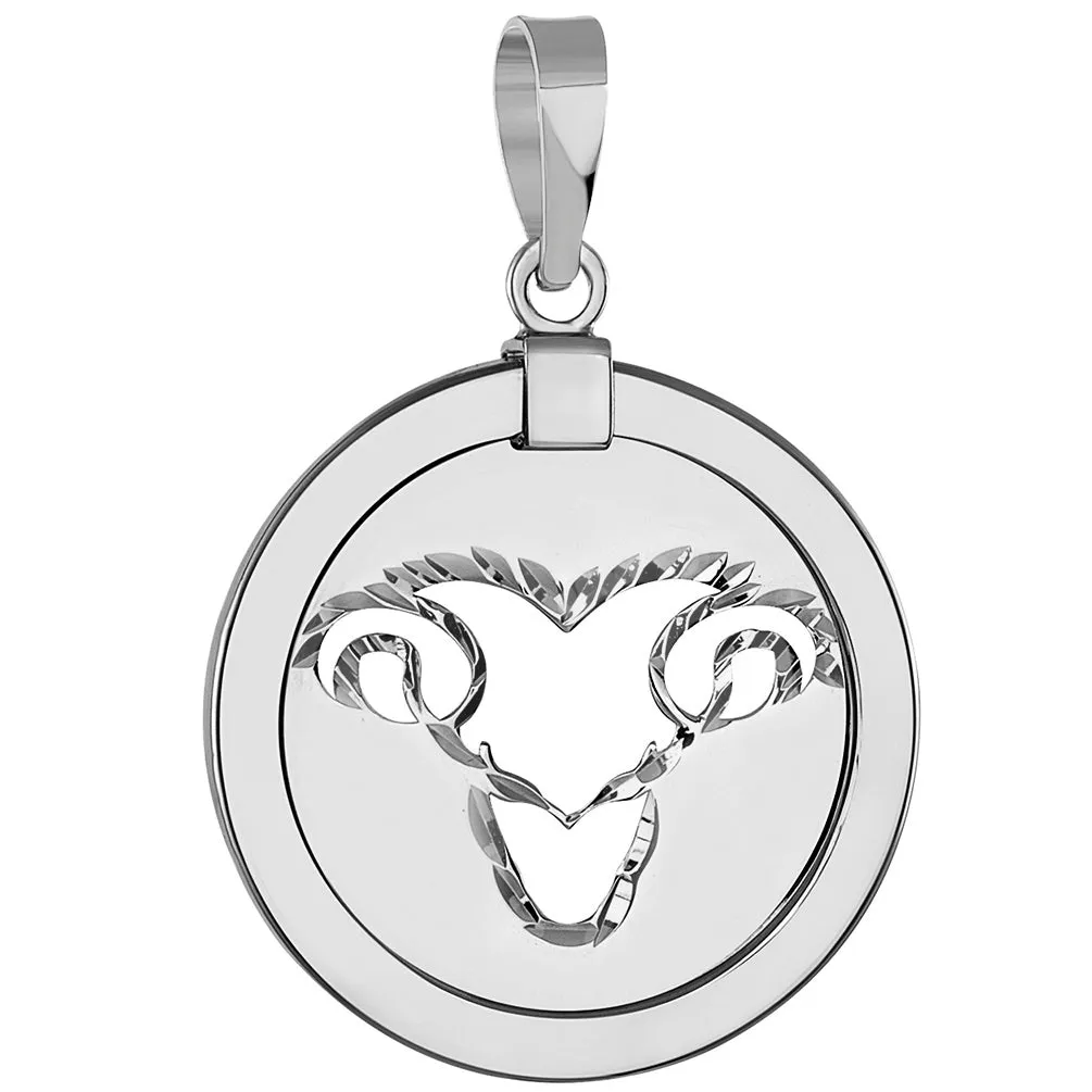 14k White Gold Round Aries Ram Zodiac Sign Animal Medallion Pendant Necklace (Reversible)