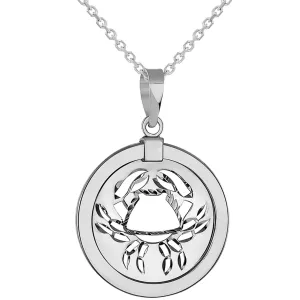 14k White Gold Round Cancer Zodiac Sign Crab Animal Medallion Pendant Necklace (Reversible)