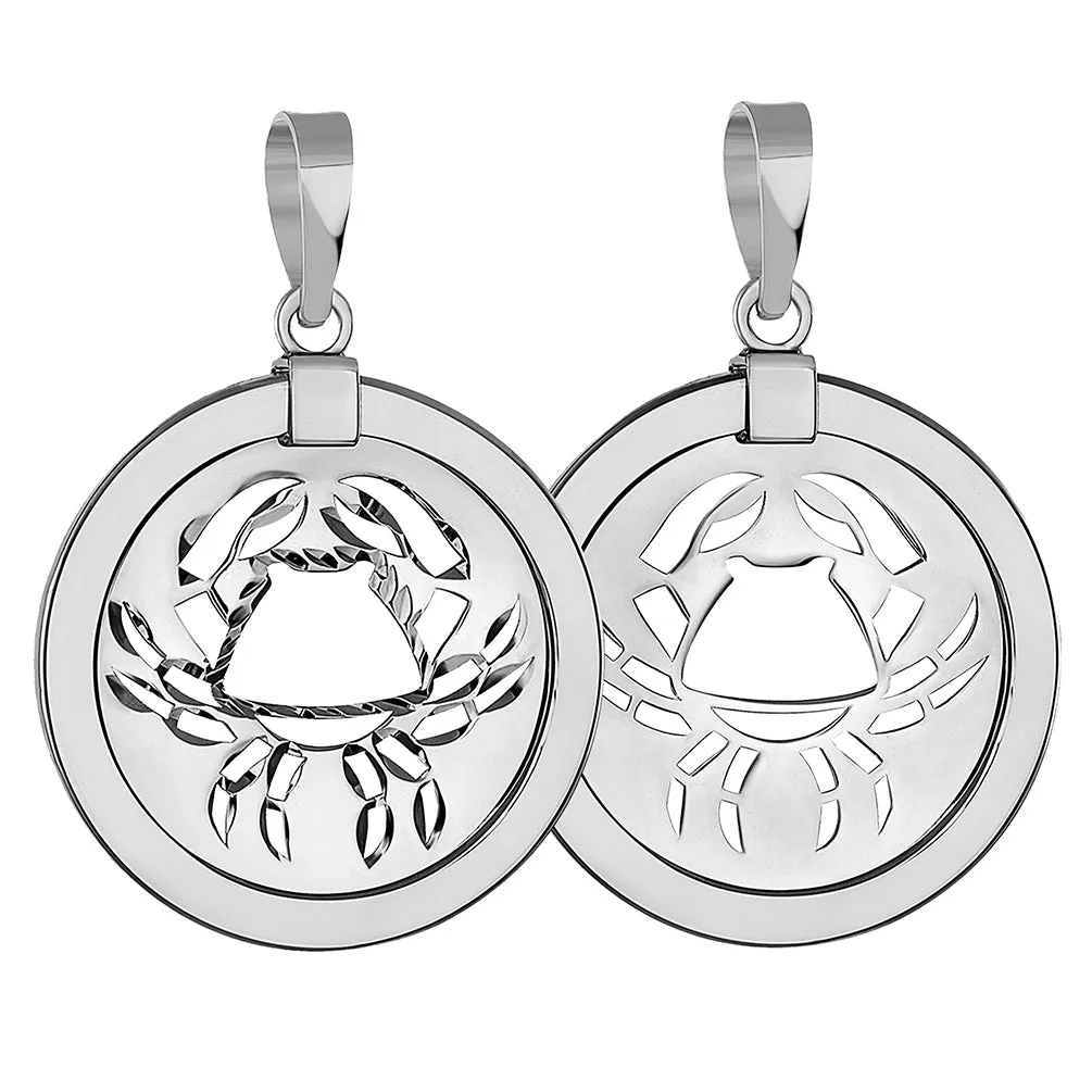 14k White Gold Round Cancer Zodiac Sign Crab Animal Medallion Pendant Necklace (Reversible)