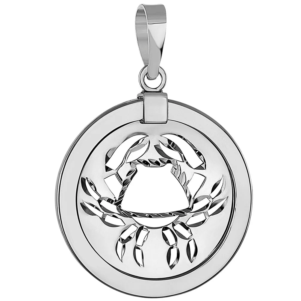 14k White Gold Round Cancer Zodiac Sign Crab Animal Medallion Pendant Necklace (Reversible)