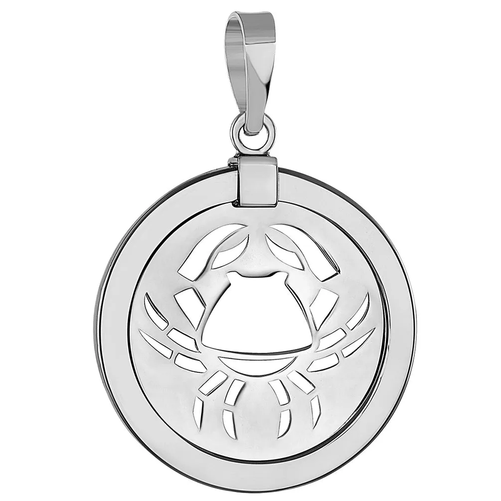 14k White Gold Round Cancer Zodiac Sign Crab Animal Medallion Pendant Necklace (Reversible)