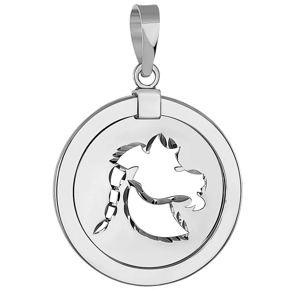 14k White Gold Round Capricorn Zodiac Sign Sea-Goat Animal Medallion Pendant Necklace (Reversible)