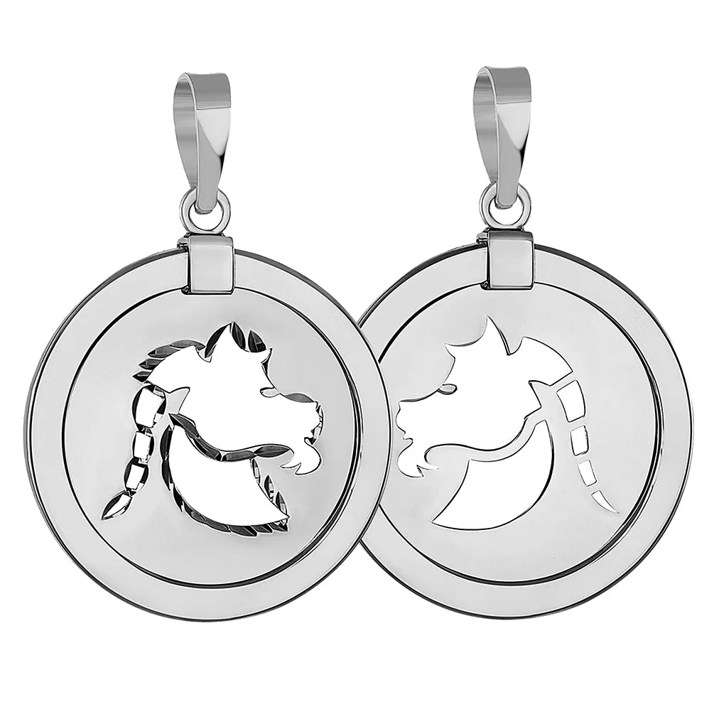 14k White Gold Round Capricorn Zodiac Sign Sea-Goat Animal Medallion Pendant Necklace (Reversible)