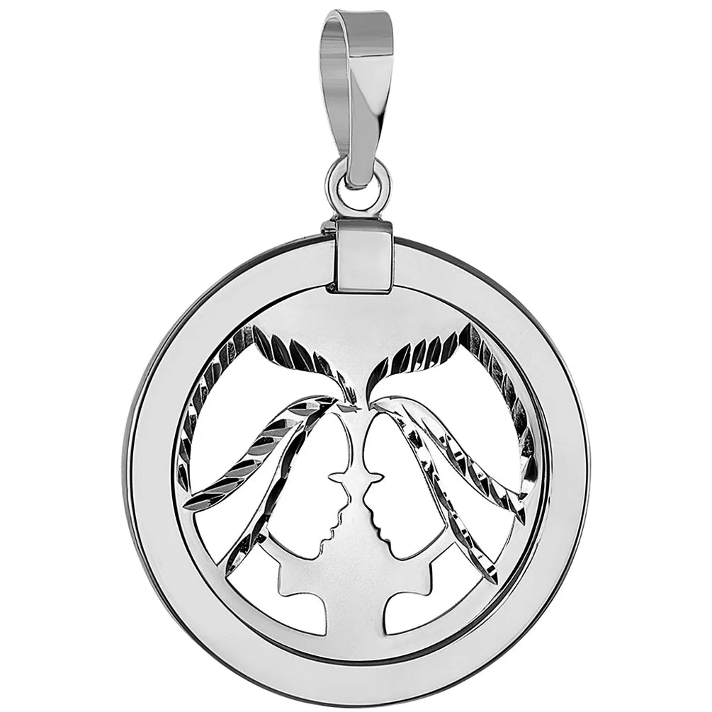 14k White Gold Round Gemini Twins Zodiac Sign Medallion Pendant Necklace (Reversible)