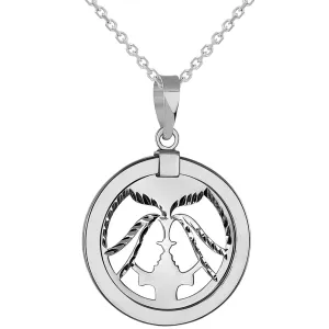 14k White Gold Round Gemini Twins Zodiac Sign Medallion Pendant Necklace (Reversible)