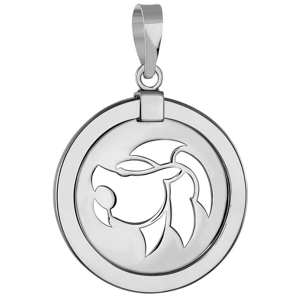 14k White Gold Round Leo Zodiac Sign Lion Animal Medallion Pendant Necklace (Reversible)