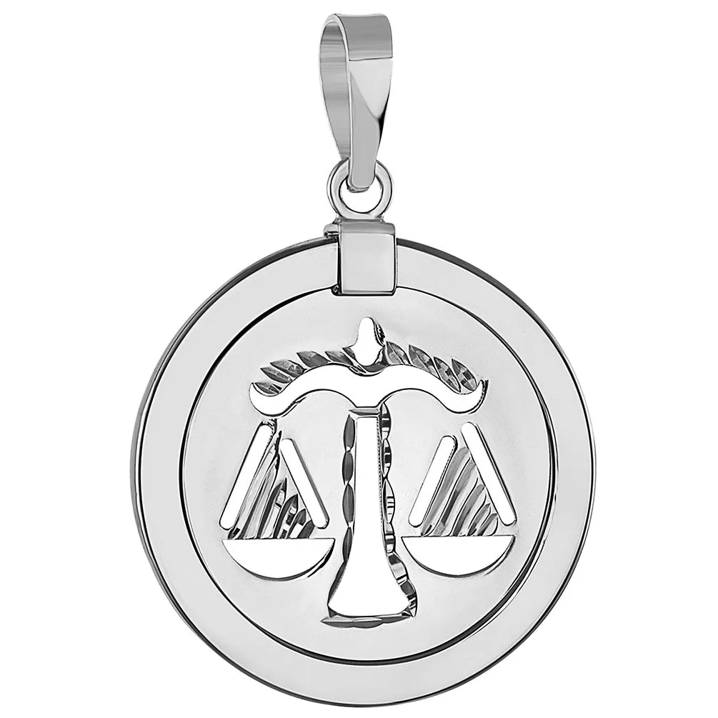 14k White Gold Round Libra Zodiac Sign Scale Medallion Pendant Necklace (Reversible)