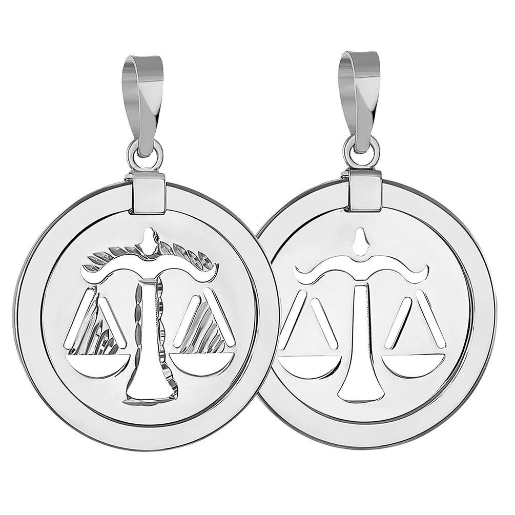 14k White Gold Round Libra Zodiac Sign Scale Medallion Pendant Necklace (Reversible)